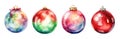 Set of 4 Christmas watercolor glass balls close up on a white background. Christmas decorative toys for decorating the Royalty Free Stock Photo