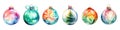 Set of 6 Christmas watercolor glass balls close up on white background. Christmas decorative toys for decorating the New Royalty Free Stock Photo