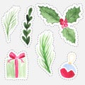 Set of Christmas watercolor stickers of holly berry, gift box, fir branches and tree toy