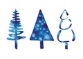 Set Christmas Watercolour Blue Tree Design Background of three blue watercolor Christmas pine tree element on white