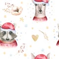 Set of Christmas Woodland Cute forest cartoon deer and cute raccoon animal character. Winter set of new year floral Royalty Free Stock Photo