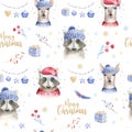 Set of Christmas Woodland Cute forest cartoon deer and cute raccoon animal character. Winter set of new year floral