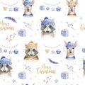 Set of Christmas Woodland Cute forest cartoon deer and cute raccoon animal character. Winter set of new year floral