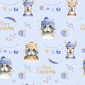 Set of Christmas Woodland Cute forest cartoon deer and cute raccoon animal character. Winter set of new year floral