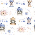 Set of Christmas Woodland Cute forest cartoon deer and cute raccoon animal character. Winter set of new year floral Royalty Free Stock Photo