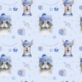 Set of Christmas Woodland Cute forest cartoon deer and cute raccoon animal character. Winter set of new year floral Royalty Free Stock Photo