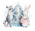 Set of Christmas Woodland forest cartoon cute bunny and raccoon animal character. Winter hare christmas tree floral