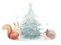 Set of Christmas Woodland forest cartoon hedgehog, cute squirrel animal character. Winter christmas tree floral elements