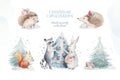 Set of Christmas Woodland forest cartoon hedgehog, cute squirrel, mouse, bunny hare animal character. Winter raccoon