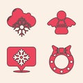 Set Christmas wreath, Cloud with snow, Christmas angel and Snowflake with speech bubble icon. Vector