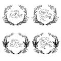 Set of christmas wreath lettering Merry Christmas, Happy New Year monochrome typography banner