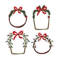 Set of christmas wreathes with holly and mistletoe branches isolated on white. Round and square frames for Christmas cards and