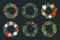 Set of Christmas wreaths with holly berries, poinsettias, pine and fir branches, cones, winter plants, rowan. Vector Royalty Free Stock Photo