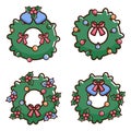 Set of Christmas wreaths isolated. Doodle hand drawn Christmas wreath icon. Winter Festive decoration with jingle bells, fir cones Royalty Free Stock Photo