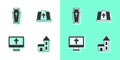Set Church building, Coffin, Christian cross on monitor and Pope hat icon. Vector