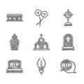 Set Church building, Lily flower, Speech bubble rip death, Grave with tombstone, Tombstone RIP written, Funeral urn