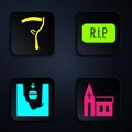 Set Church building, Scythe, Coffin in grave and Speech bubble rip death. Black square button. Vector