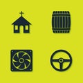 Set Church building, Steering wheel, Computer cooler and Wooden barrel icon. Vector