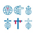 Set of church logo. Crosses with globes, missions, icon.