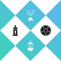 Set Church pastor preaching, Ramadan Kareem lantern, Hanukkah menorah and Pentagram circle icon. Vector