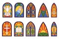 Set Of Church Stained Arched Windows Isolated Icons. Cathedral Mosaic Glasses With Spiritual Symbols Cross, Dove