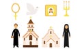 Set of religious buildings, people, objects. Vector illustration. Royalty Free Stock Photo