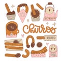 Set of churros, different ways of cooking and serving churros. Churro is a traditional Spanish dessert. Contour vintage