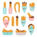 Set of churros in paper bags. Collection of Mexican churros. Vector illustration
