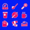 Set Cigarette, Candy, Piece of cake, Cup tea, Tea time, with bag, strainer handle and leaf icon. Vector