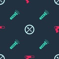 Set Cigarette, No fire match and Flashlight on seamless pattern. Vector