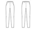 Set of cigarette Pants technical fashion illustration with extended normal waist, high rise, full length, slant pockets