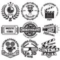 Set of Cinema badges with camera, clapboard, ticket etc. Vector