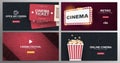 Set of Cinema banners with tickets, film strips, popcorn and theatre sign. Hand draw doodle background.