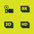 Set Cinema camera, Hd movie, tape, frame, 3D word and 8k Ultra HD icon. Vector Royalty Free Stock Photo