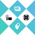 Set Cinema camera, Head with, 8k Ultra HD and Film reel icon. Vector