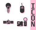 Set Cinema camera, Light bulb with concept of idea, Smartwatch and Computer mouse icon. Vector Royalty Free Stock Photo