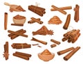 Set of cinnamon sticks and powder. Organic aroma spicy seasoning cartoon vector illustration Royalty Free Stock Photo