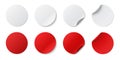 Set circle adhesive symbols. White tags, paper round stickers with peeling corner and shadow, isolated rounded plastic mockup