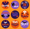 Set of circle Halloween stickers with ghosts, bats and spider webs Royalty Free Stock Photo