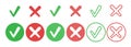 Set of circle simple web buttons: green check mark and red cross with rounded corners Royalty Free Stock Photo