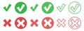 Set of circle web buttons: green check mark and red cross with sharp corners Royalty Free Stock Photo