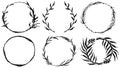 Set of circles frames, doodle hand drawn decorative wreaths with branches, herbs, plants, leaves and flowers, florals. Vector Royalty Free Stock Photo