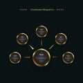 Set of circles golden infographic option design, objects, elements on dark background. used in level charts and work flow Royalty Free Stock Photo