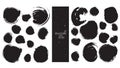 Set of 25 circles, made with hand and liquid ink, freehand, with lots of splashes and blob brush smears. Vector black and white is