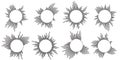 Set of circular ripple icons. Concentric circles with broken lines isolated on white background. Vortex, sonar wave