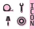 Set Circular saw blade, Roulette construction, Trowel and Wrench spanner icon. Vector Royalty Free Stock Photo