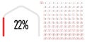 Set of circular sector hexagonal shape percentage diagrams from 0 to 100