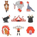 Set of circus color icons, design elements on white background. Flat style. Royalty Free Stock Photo