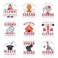 Set of circus emblems, labels, badges and logos on white background.