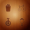 Set Circus fire hoop, Popcorn in box, Unicycle one wheel bicycle and Vintage on wooden background. Vector Royalty Free Stock Photo